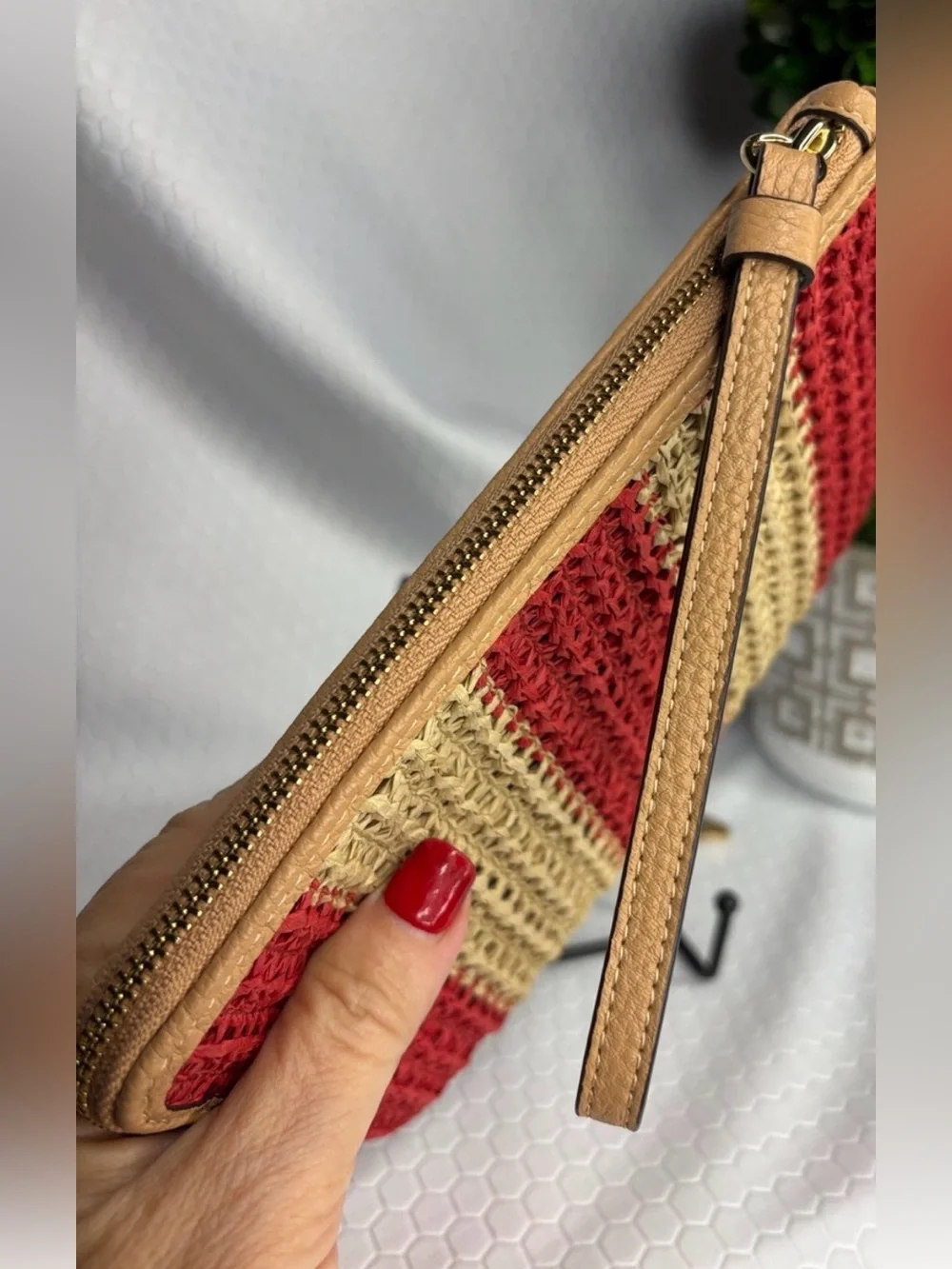 Coach Large Woven Straw and Leather Wristlet and Fashion Keychain NWT